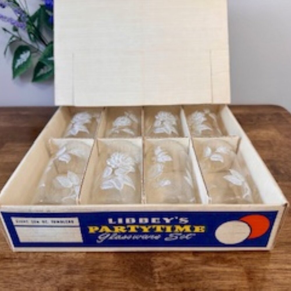 Libbey Partytime Rose Glasses Original Box 8 Vintage MCM White Floral Design